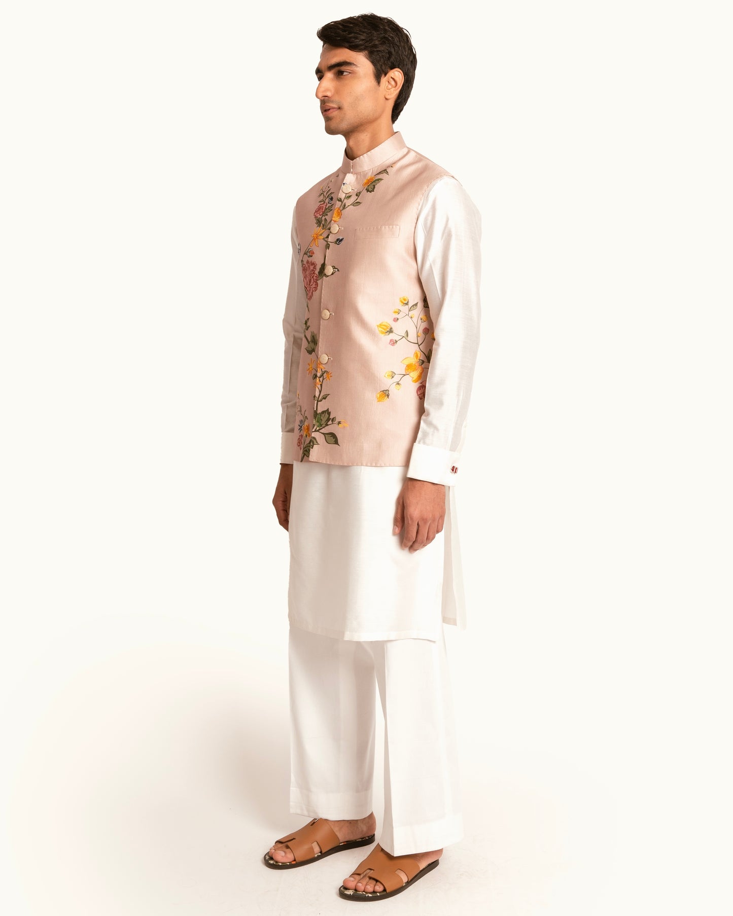 Floral Printed Rose Pink Sadri in Silk