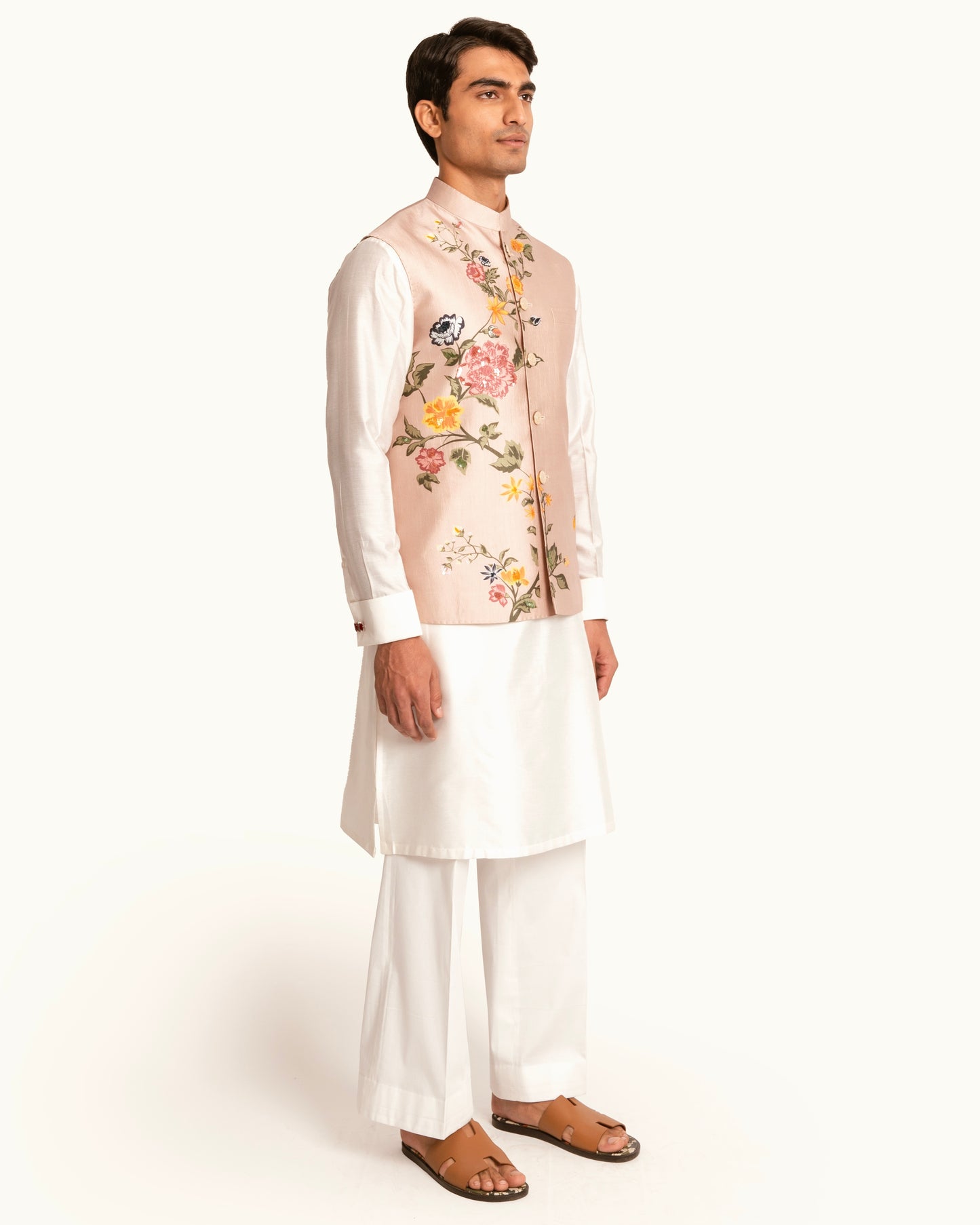 Floral Printed Rose Pink Sadri in Silk