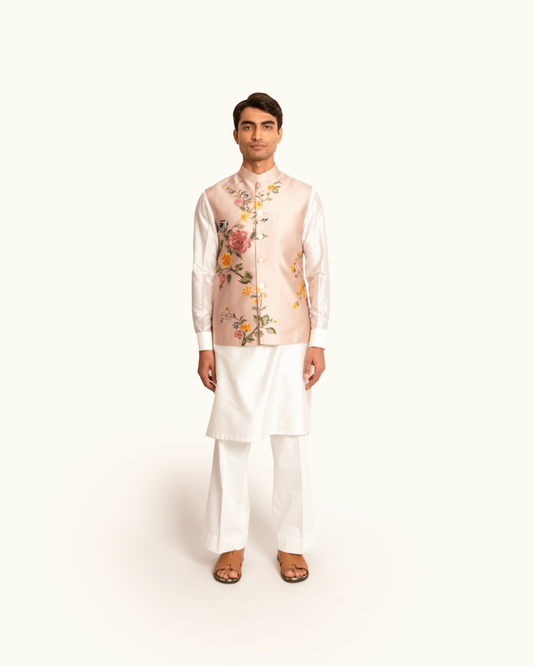 Floral Printed Rose Pink Sadri in Silk