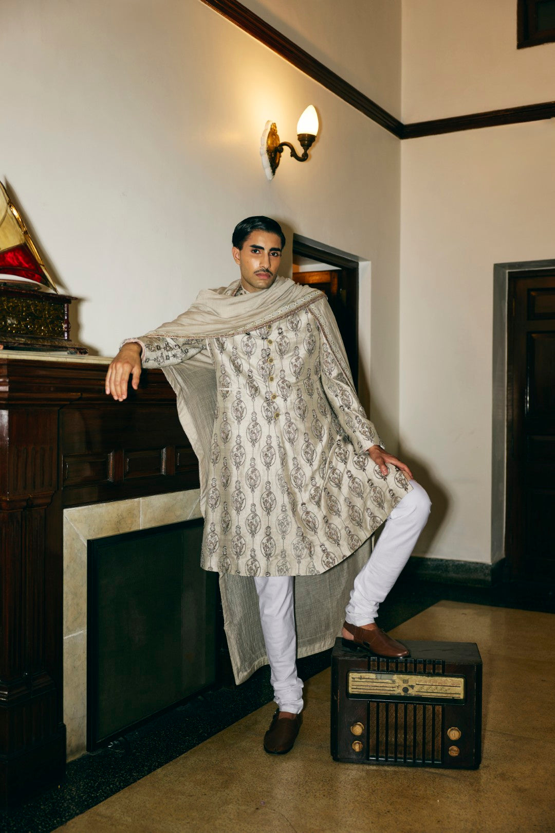 Smoke Grey Achkan in Raw Silk