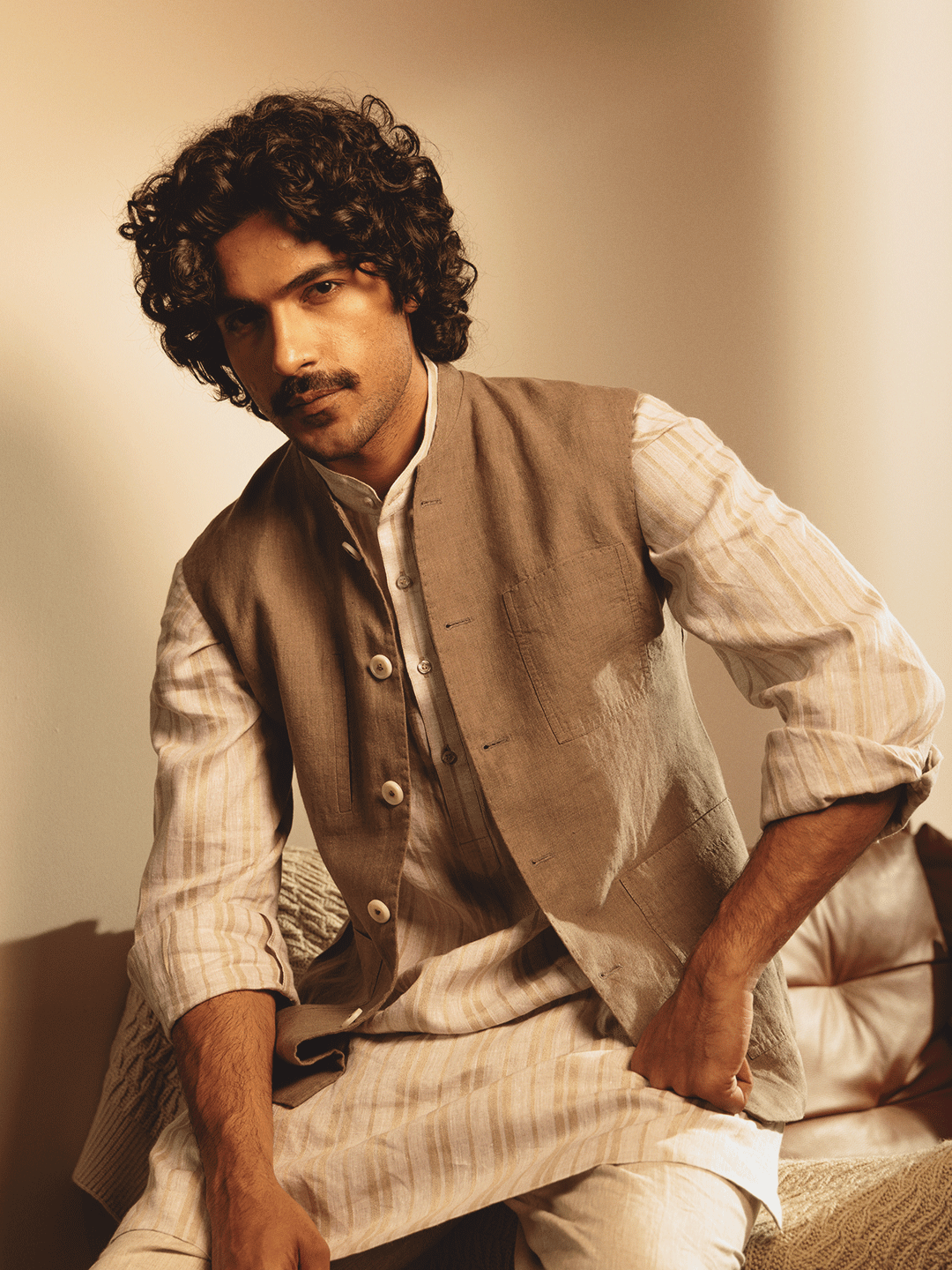 Safar Sadri In Dusty Beige Linen
